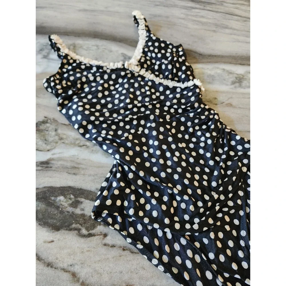 VTG 90s Polka Dot One Piece High Cut Swimsuit Retro Pin Up Daisy Crochet Trim